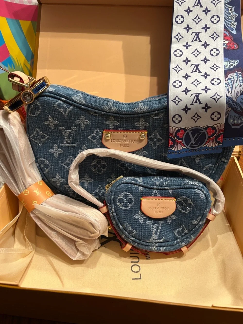 Designer Blue Denim Monogram Crossbody with Matching Pouch, Bandanna & Bracelet - Picture 5 of 7